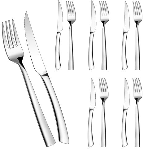 Homikit Steakbesteck Set, 12-teilig Edelstahl Steakmesser und Steakgabel für 6 Personen, Hochglanzpoliert Silber Tafelmesser Tafelgabeln für Haus Restaurant Hotel, Rostfreie, Spülmaschinenfest