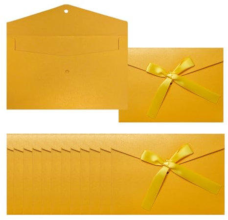12 Stück Gold Briefumschläge mit Bändern, Karte, 17.3 * 12.2 CM Grußkarte Umschläge für Fest und Party, Geburtstag, Hochzeiten, Baby Showe Einladungen (Gelb)