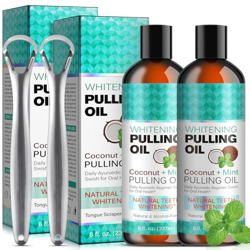 Kokosnuss-Ziehöl für die Zähne 474ml, Kokosöl, Mundziehöl mit Kokosnuss & Pfefferminzöl, Minzöl zum Ziehen von Mundwasser mit Zungenschaber, Kokosnussöl für Zähne frischen Atem, 2 Pack