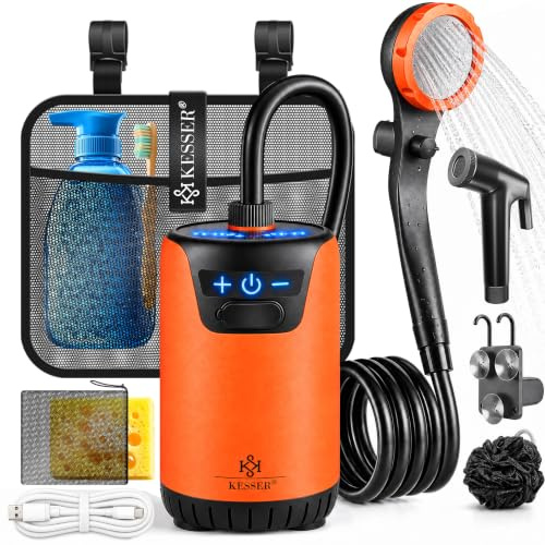 KESSER® Douche mobile de camping avec pompe et batterie rechargeable 8000 mAh | Kit de douche de camping avec pommeau de douche réglable, tuyau de 2 m, pistolet pulvérisateur et support