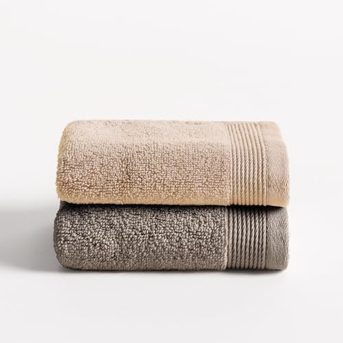 BOHEME | Juego de 2 Toallas Bicolor de Baño Grande Harmony | Moka y Arena | 2 (100x150) | 100% Algodón Zero Twist | 600 g/m² | Suaves, Absorbentes y de Secado Rápido | Lavables a Máquina | Uso Diario