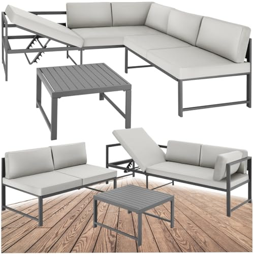tectake® Conjunto de Muebles de Jardín, Sofa Exterior, Mesa de Exterior, Aluminio Ligero, Cojines Impermeables, Muebles Terraza, Sofá Exterior, Fácil de Limpiar, Resistente a la Intemperie - Gris
