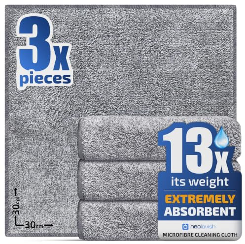 NeoLavish® Thick Microfibre Cleaning Cloth | Kitchen Dish Cloths | 3 Pack | Super Absorbent Up to 13x Its Weight | Reusable, Super Plush, Lint-free, Fast Dry, Washable, Home, Car, Bathroom, 30x30cm