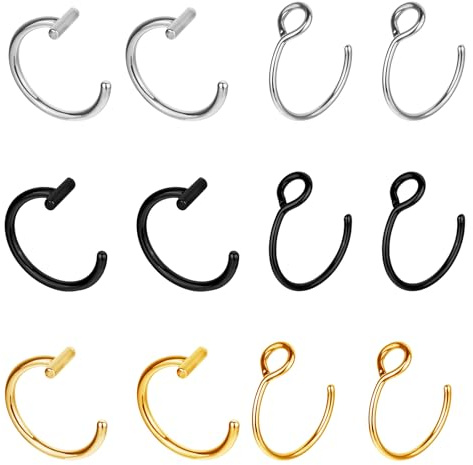Psyqtsuary Fake Lip Piercing, 12 Pcs 8mm Stainless Steel Fake Lip Ring Clip on Nose Ring Faux Nose Piercing for Women Men (Gold, Silver, Black)