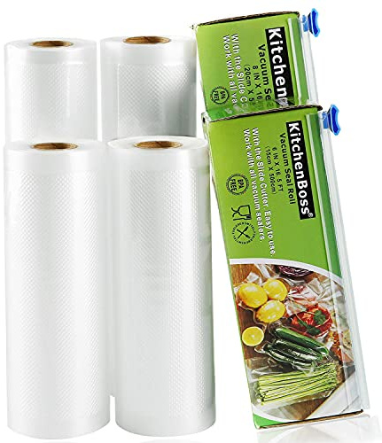 KitchenBoss Sac Sous Vide Alimentaire,4 Rouleau 15cmx5M et 20cmx5M,Total 20 M,Rouleaux Sous Vide Alimentaire avec 2 Boîte de Coupe(Pas Plus de Ciseaux) sans BPA,pour Machine Sous Vide KitchenBoss