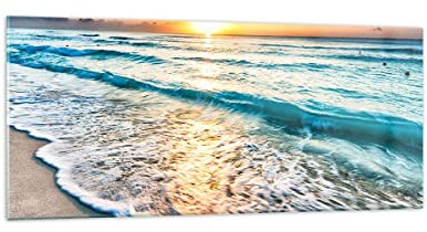 Deco Cadre Salon mer vague plage Moderne Impression sur Verre 120x50cm Image Tableau en Verre Decoration Murale Chambre Cuisine Panoramique Art Wall Grand Tableaux Decoratifs Muraux GAB120x50-3621