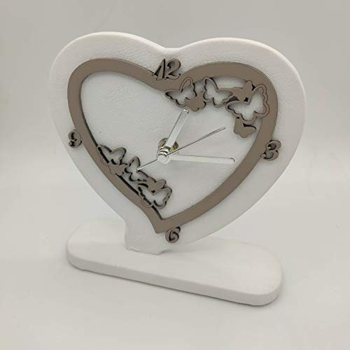 oggettando Orologio da Tavolo in Ecopelle Mis. 17X17 con Farfalle in Legno Tortora- con Scatola Regalo Inclusa – Produzione Italiana – BOMBONIERA