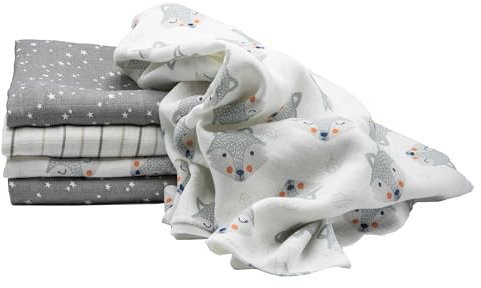 Clevere Kids Mulltücher | 5er-Pack | Kleiner Fuchs hellgrau und Sterne | Oeko-TEX | doppelt gewebt | 70x80 | Spucktücher (Fuchs & Stars & Stripes)