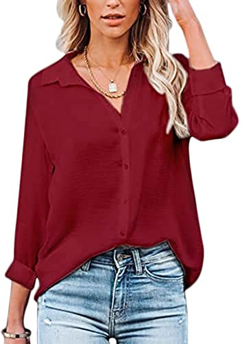 Baynetin Camicia Donna Manica Lunga/Corte Blusa con Scollo a V Bottoni Elegante Casual Curvy da Lavoro Facile Ferro Stiro Business Tops Shirt (Vino Rosso, XXL)