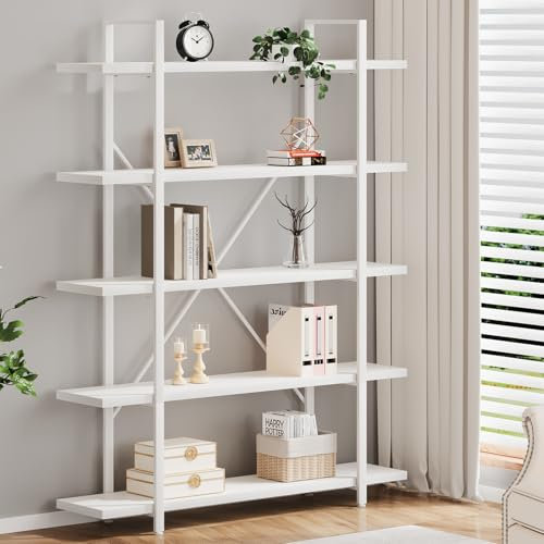 HSH 5 Tier Tall White Bookshelf, Metal and Wood Storage Book Shelves for Bedroom Living Room Office, Modern Large White Bookcases and Bookshelves 5 Shelf, Farmhouse Open Vertical Display Book Shelf