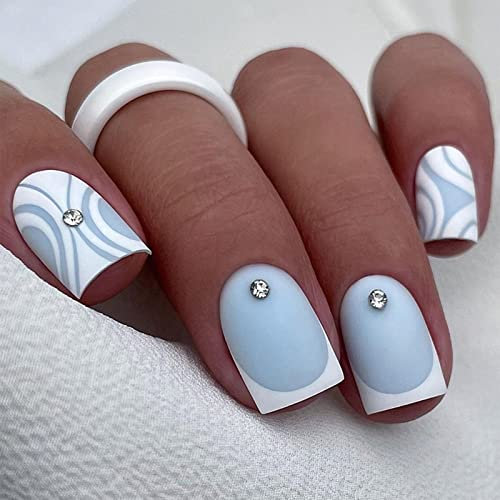 24pcs Short Square French Tip Press-on Nails - Blue White Stick-on Removable Glue-on Fake Nails for Women Girls - Nail Art Accessories