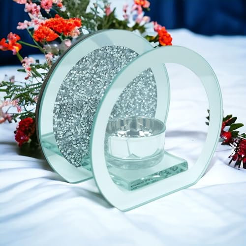 SERENA'S ® Elegant Crushed Diamond Crystal Tealight Candle Holder with Clear Silver Mirror Glass – Decorative Glass Walls for Home Decor and Special Occasions