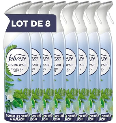 Febreze Spray Désodorisant (185ml x8), Parfum Rosée du Matin, 2en1, Combat Efficacement Les Odeurs, Laisse Un Parfum Frais