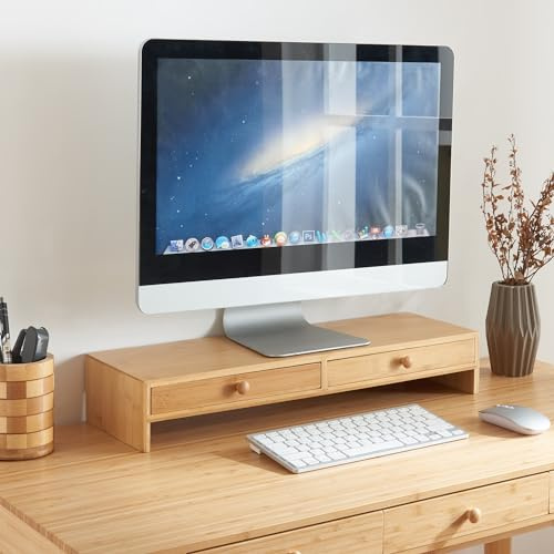 [en.casa] Soporte para Monitor de Ordenador con 2 Cajones Elevador de Monitor Rectangular Posición Ergonómica Comodidad Bambú 56 x 18 x 10 cm - Natural