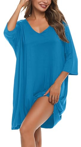 Bresdk Nightdress for Women V Neck 3/4 Sleeve Ladies Nighties Blue M