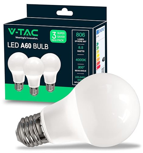V-TAC 3x LED Glühbirne E27 8,5W (entspricht 60W) A60-806Lumen - LED Lampe 4000K Neutralweiß - LED Glühlampen - Energiesparlampe - 3er Pack