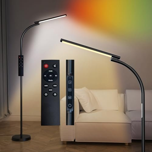 Lanmonlily LED Stehlampe Dimmbar 10W, stehlampe Wohnzimmer mit Fernbedienung, stehleuchte mit Berührungssteuerung, 360° Drehbare Stehlampe Schwarz, Stehlampen für Schlafzimmer, Büro