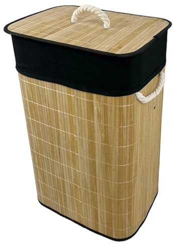 Gr8 Home 72 Litre Bamboo Laundry Basket with Lid Foldable Washing Bin Clothes Tidy Rectangular Storage Bag Folding Hamper with Cloth Liner