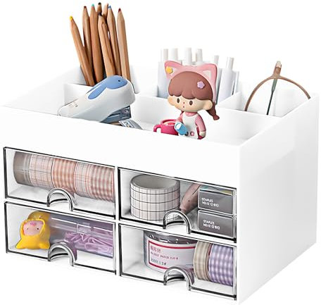 Fervalyna Organizador Escritorio, Lapiceros para Accesorios Escritorio con 4 Compartimentos y 4 Cajones, Portalapices Multifuncional, Organizadores Rotuladores para Hogar, Oficina y Escuela (Blanco)