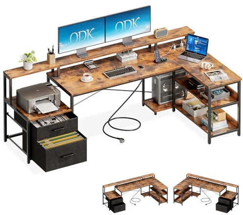 ODK Schreibtisch mit Schubladen, 189.3×100cm Reversibel Eckschreibtisch Groß mit 2 Steckdosen&USB Ladeanschluss, Schreibtisch L Form mit Stauraum, Gaming Tisch für Homeoffice, Vintage-Braun