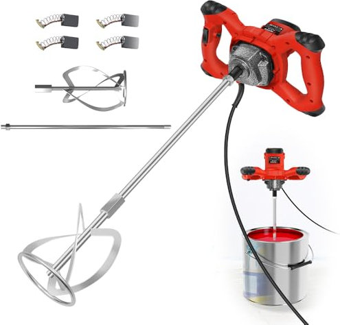 2600W Cement Mixer Electric Paddle Mixer, Powerful Paint Mixer Plaster Mixing Tool with 6 Variable Speeds for Mixing Mortars, 1700 U/min Mixing Speed, M14 Spiral Rod, Red