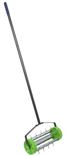 Harbour Housewares Rolling Lawn Aerator - Heavy Duty Manual Garden Tool with Spiked Drum - 40cm x 1.4m Grass Aeration Roller for Soil, Turf, Lawn Care, Gardening & Scarifying - Green