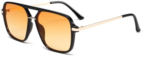 Long Keeper Gafas de Sol Piloto Mujer Hombre Vintage Gafas de Sol Cuadradas Doble Puente Años 70 Clásico Gafas Piloto Retro Protección UV400 (Negro Montura - Naranja Amarillo Degradado Lente)