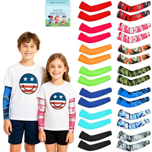Mlurcu Arm Sleeves for Kids 14 Pairs Football Basketball Baseball Drip Style UV Sun Protection Cooling Compression Sleeves to Cover Arms for Boys and Girls Outdoor Sports (3-7 Years, S)