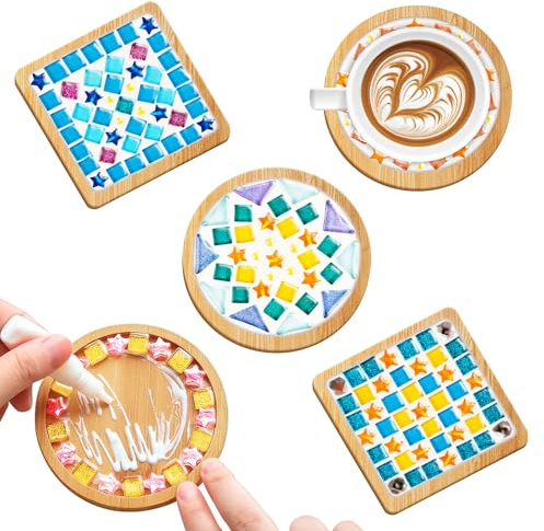Xavbrysw 4 Sets DIY Glass Mosaic Tiles for Crafts,Mixed Color Mosaic Kits with Bamboo Coaster for Adults,Mosaic Crafts Materials Package for Coaster Handmade Home Decor
