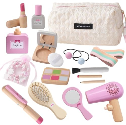 Smartwo Wooden Pretend Makeup Hairdressing and Jewelry Set for Toddler Girls, Fake Wooden Cosmetics with Handbag, Children Role Play Toys, Birthday Gift for 3 4 5 6 Years