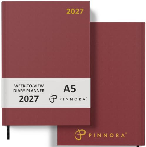 Pinnora 2027 Diary A5 Week to View, Burgundy Year Planner Organiser 2027 Week To View, 2027 Planner, Home, School & Office, Hard Back 2027 Diaries, A5 & A4 2027 Diary in Day Per Page & Week To View