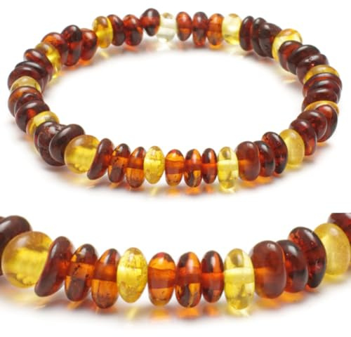 Pulsera de ámbar en banda de goma – Pulsera de ámbar para mujer y hombre y toda la familia – Joyas auténticas de perlas de ámbar del mar Báltico – Regalos de Navidad pequeños, 14 CM, Piedra, Ámbar