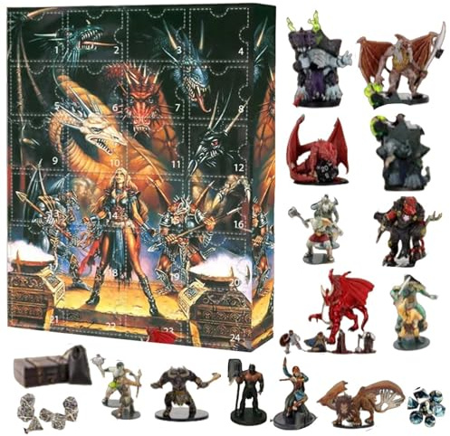 Dungeons Dragons julkalender advent 2025, 24 dagar jul nedräkningskalender med drakstaty ornament, roliga speltillbehör samlarföremål, tecknade figurer träddekorationer