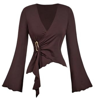 GORGLITTER Women's Wrap V Neck Bell Long Sleeve Tee Shirts Metal Ring Asymmetrical Ruched Fitted Trendy Tops Brown Medium