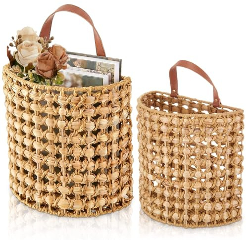 Chunful 2 Pcs Water Hyacinth Hanging Wicker Basket, Natural Wicker Decorative Baskets, Handmade Woven Storage Organizer for House Garden Wedding Wall Decorations, Large & Small Size(Classic Plaid)