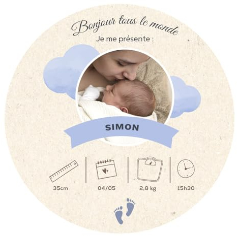 Ballonssimo Carte Annonce Naissance en Bois, Disque Personnalisable avec Prénom Bébé, Date, Heure, Poids et Taille, Accessoire Photo Nouveau-né, Souvenir Maternité (Garçon)