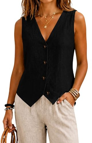 Chaleco de Algodón y Lino para Mujer, Sin Mangas, Cuello en V | Botones Frontales Chaquetas Casual Elegante Ropa Mujer Camisetas Basicas, Ideal Para Oficina y Verano, Sólido y Ajustado
