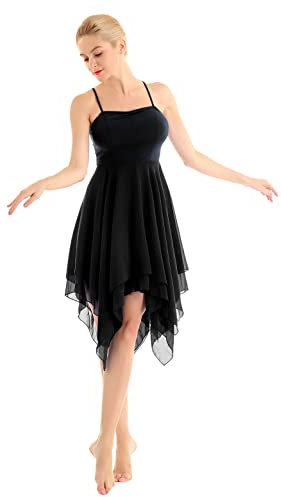 FEESHOW Damen Lyrisch Tanzkleid Ärmellos Ballettanzug Ballerina Kleid Asymmetrisches Maxikleid Modern Tanzkostüm Bühnenanzug Schwarz L