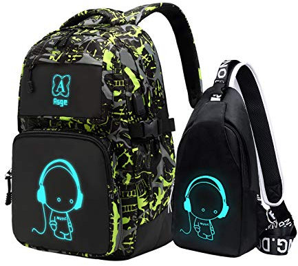 Asge Rucksack Jungen Schulrucksack Teenager Jugendliche Coole Schule Daypacks Kinder Reflektierender Schultasche Outdoor Camping Groß Schulranzen Wasserdicht Ranzen Schultertaschen set