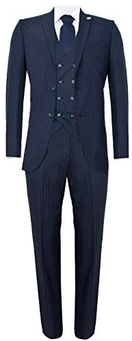 Costume 3 Pièces Bleu Marin pour Homme Gatsby des Années 1920 Blinders Gangster Rayures Coupe Ajustée 54