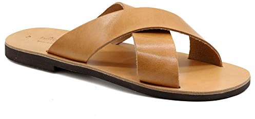 47 Beige Emmanuela Griechische Ledersandalen mit Kreuzriemen für Herren, hochwertige handgefertigte Herrensandalen, Herren X Riemchen Sommerschuhe
