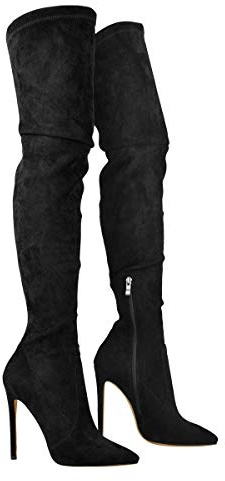 Only maker Women's Pointed Toe Over the Knee High Boots Stiletto Heeled Elastic Top Thigh High Booties with Zipper Stretch Overknee Crotch Wedding Evening Party Club Prom Shoes Dress Black Size 12