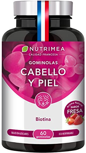 Gominolas de Biotina Veganas | Cabello, Piel y Uñas | Con Zinc, Selenio, Vitamina C y B6 | Sin Azúcar · Sabor Fresa · 60 Gummies | Fabricado en Francia | Nutrimea
