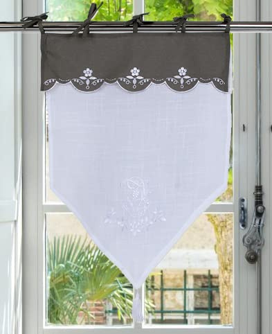 Autrefois Brise bise 60x90 cm, Lin brodé, Voilage Broderie, Style Charme, Petit Rideau Fin, Decoration pour fenetre de Cuisine, Salle de Bain, Salon, French Style Curtain, fée Gris