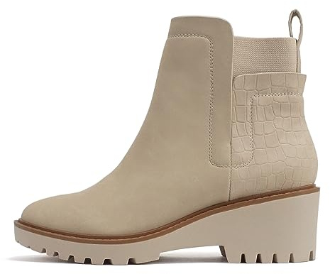Soda “BAIT” ~ Women Round Toe Pull-On Elastic Gore Two-Tone Print Lug Sole Low Wedge Heel Ankle Boot (Stone/Croco Nubuck, us_footwear_size_system, adult, women, numeric, medium, numeric_7_point_5)