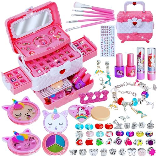Lubibi Kids Makeup Set Bracelet Making Kits for Girls, 2 in 1Washable Real Children Play Makeup and Kids Jewellery Making Kit, Unicorn Gift for Girs Age 5 6 7 8 9