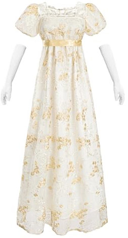 Fiamll Regency Kleid Damen Regency Kostüm Empire Taille Teeparty Kleid Viktorianisches Kleid Stickerei Ballkleid mit Handschuhen M