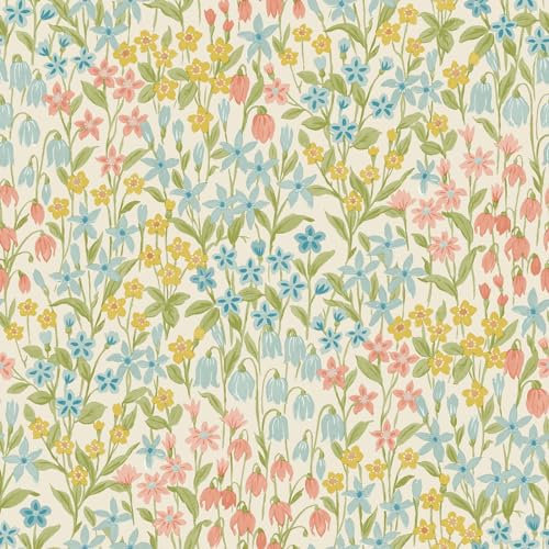 World of Wallpaper Bluebell Wood Floral Themed Wild Flowers Country Style Wallpaper for Living Room, Bedroom, Hallway, Feature Wall Natural/Coral/Blue/Ochre (203701)