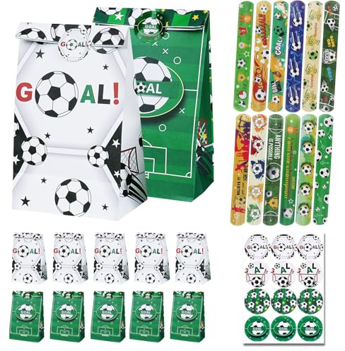 12 fotbollspapperspåsar, barn godis med klistermärken, bärbara gröna och vita fotbollteman, 12 armband för halloween bröllop