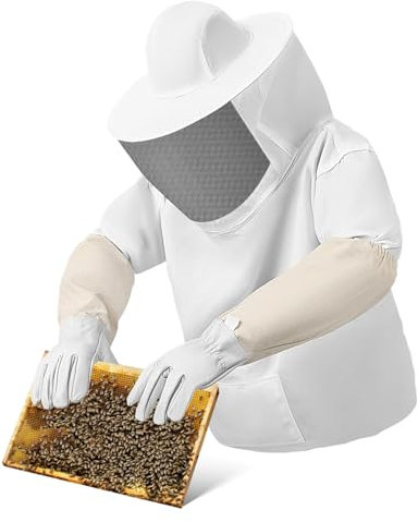 PAMINGONO Atmungsaktiver Imkeranzug Mit Ventilations-Schleier Und Reißverschluss Strapazierfähiger Leichter Bienenschutzanzug Mit Handschuhen Angenehm Für Lange Arbeitseinsätze Imkerei